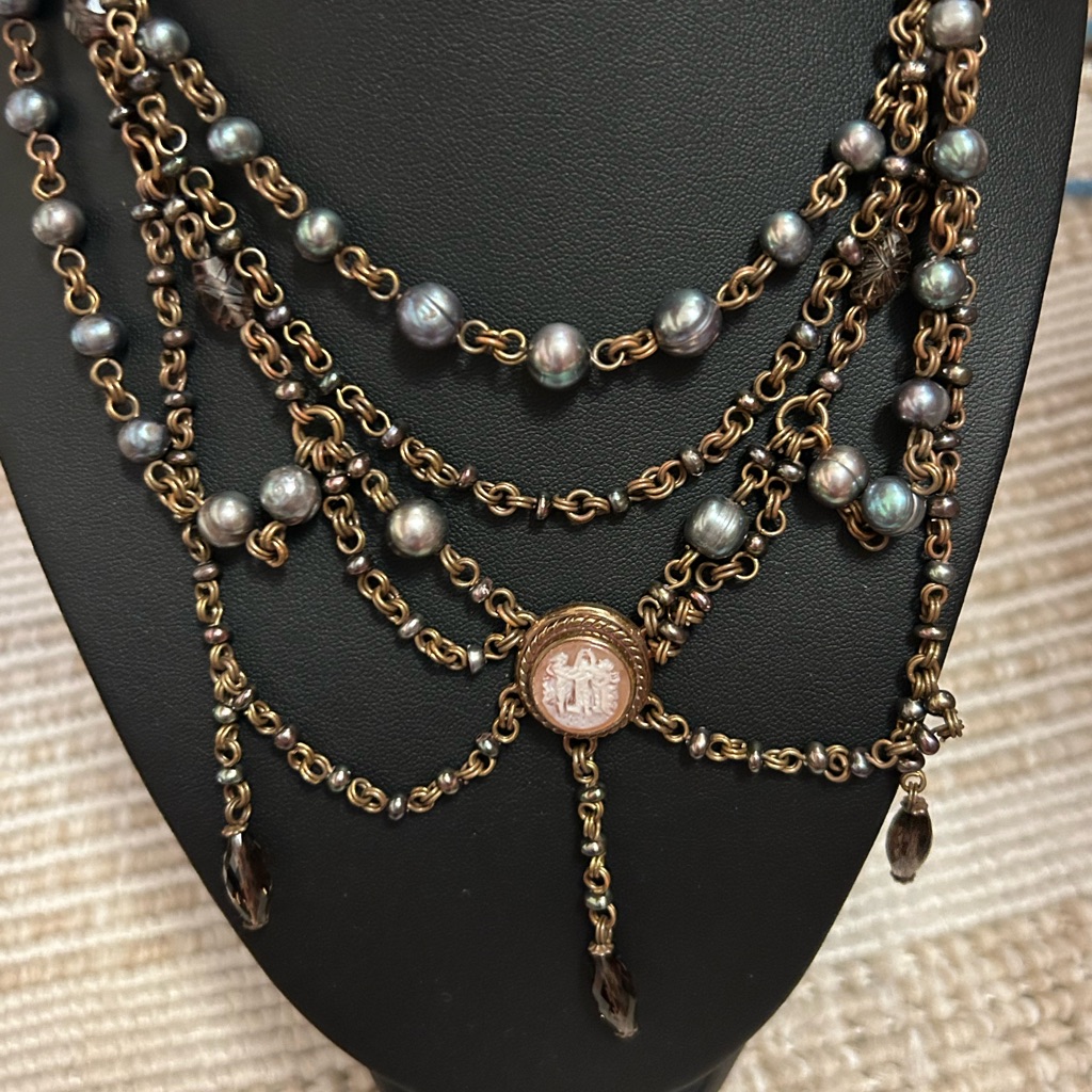 Stephen Dweck 3 Grace Antique Victorian Cameo Pearls Topaz Multi-Layers Necklace